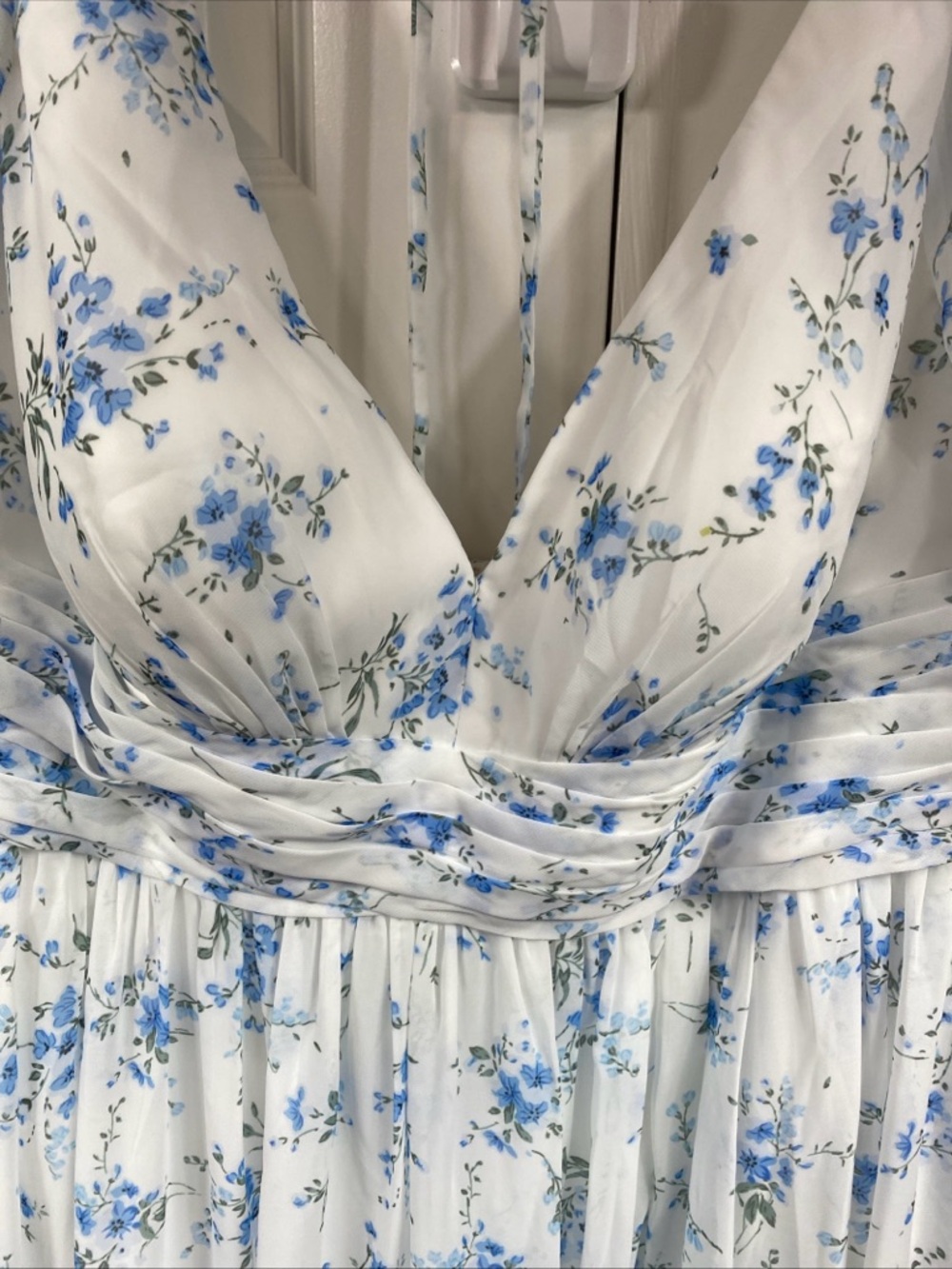 Azazie Norah Blue Cottage Floral Chiffon Spring Gown Dress Sheer Slit A20 - Picture 8 of 9
